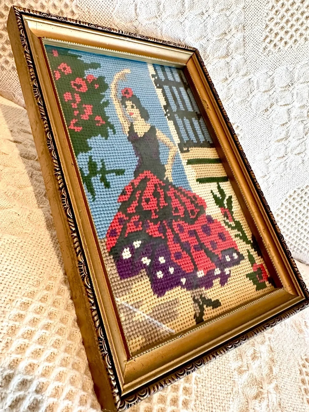 Vtg. 70's Needlepoint Tapestry Flamenco Dancer Gold Frame Wall Art Decor MCM